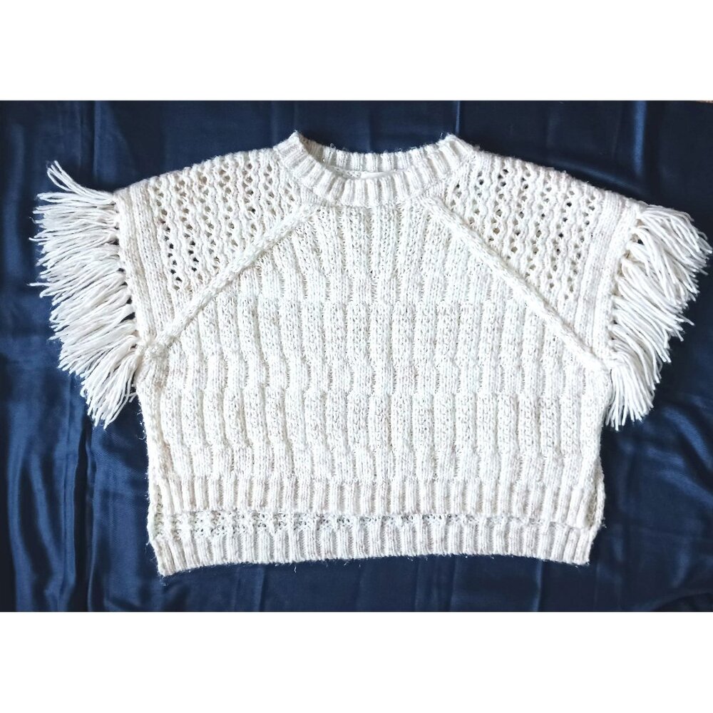 Universal Thread Chunky Poncho Sweater Cream Open Knit Crop Fringe Size 'OSFM'